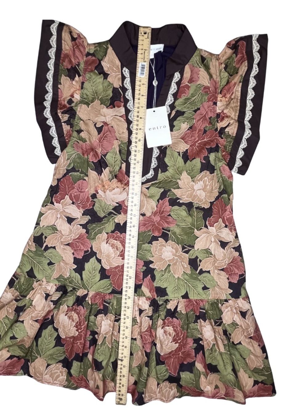 entro Floral Flutter Sleeve Tunic Dress - Brown, Olive, Dusty Rose - Picture 11 of 15